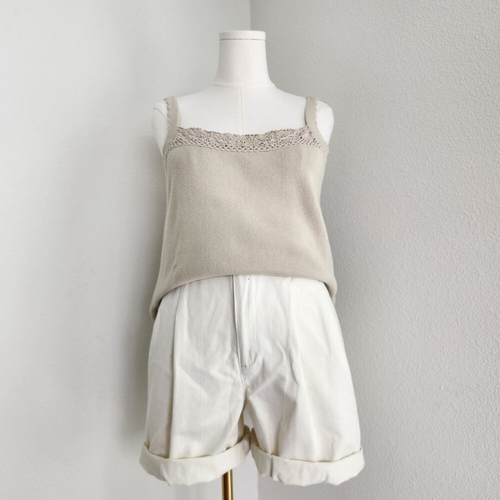 Vintage 90s Beige Knit Crochet Trim Tank Top Square Neck Sleeveless Sweater XL - Picture 9 of 9